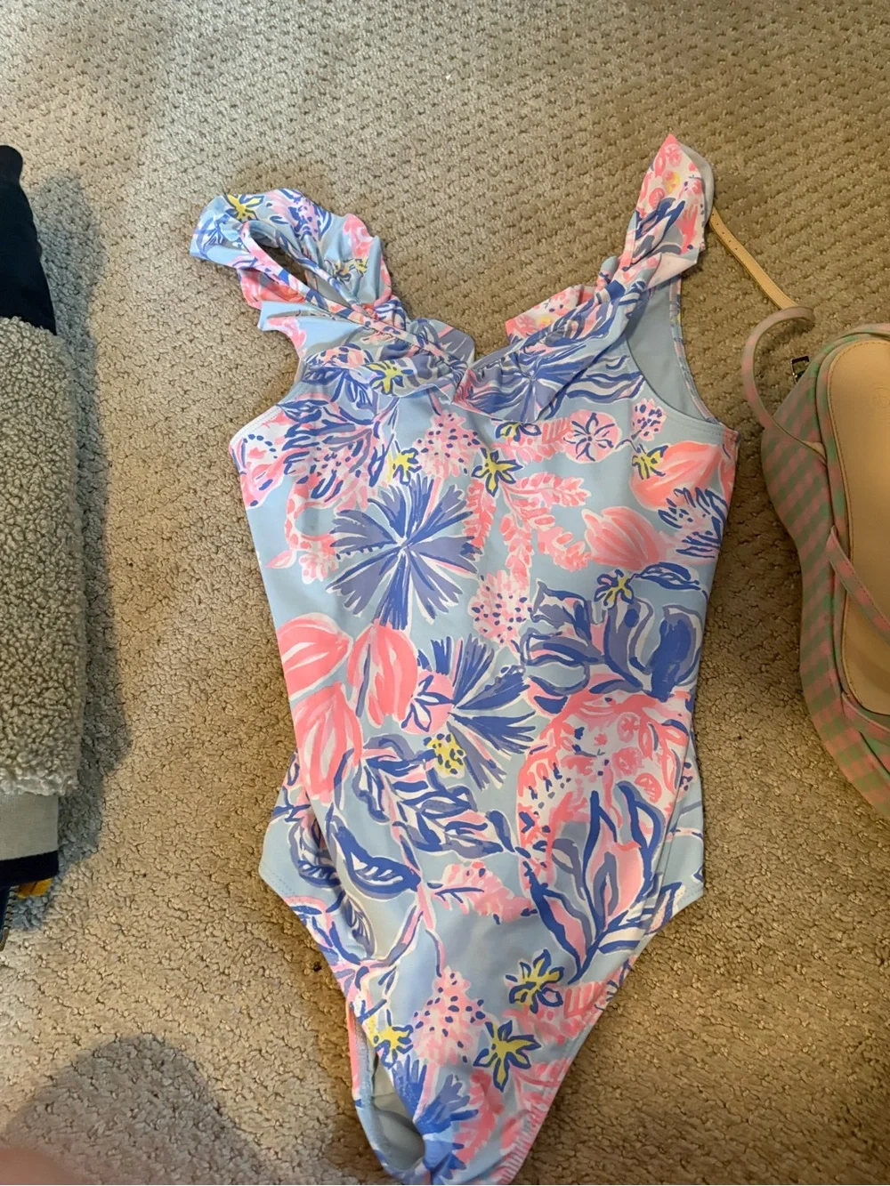 Lilly Pulitzer Light Blue Floral Ruffle Shoulder One-Piece Swimsuit